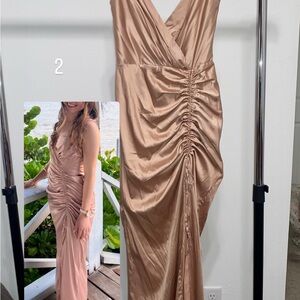 Elegant Ruched Satin Dress - Tan